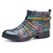 SOCOFY New Printing Retro Splicing Stripe Pattern Flat Leather Boots - Dark Blue