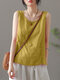 Solid Fold Pleated Crew Neck Sleeveless Casual Tank Top - Yellow