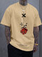 Herren-T-Shirt mit Rundhalsausschnitt und Rosen-Buchstabendruck, kurzärmelig - Aprikose