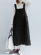 Women Solid Corduroy Pocket Sleeveless Casual Dress - Black