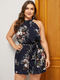 Floral Print Halter Sleeveless Knotted Plus Size Shorts Jumpsuit for Women - Navy