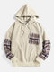 Mens Plaid Patchwork Corduroy Daily Chest Pocket Hoodie - Apricot