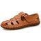 Men Cow Leather Hand Stitching Non Slip Large Size Soft Sole Sandals - Red Brown