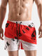 Men Colorblock Swim Trunks Multi Pockets Drawstring Swimwear - Red