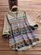 African Print Patchwork Long Sleeve Plus Size Shirt - Beige