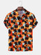 Mens All Over Cat & Pumpkin Print Cute Short Sleeve Shirts - Orange