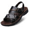 Men Pure Color Leather Non Slip Slippers Casual Beach Sandals  - Black