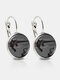 Metal Round Glass Cat Stick Out Head Print Women Earrings - Silver