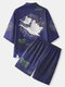 Mens Crane Back Pattern Open Front Kimono Japanese Style Two Pieces Outfits - Purple
