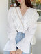 Women Solid V-neck Long Sleeve Ruffle Patchwork Casual Blouse - White