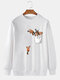 Mens Cartoon Animal Print Crew Neck Casual Pullover Sweatshirts - White