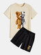 Mens Mechanical Bear Print Short Sleeve Drawstring Pocket Two Piece Outfits - Apricot