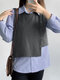 Women Striped Patchwork Lapel Button Design Long Sleeve Blouse - Gray