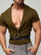 Mens Striped Lapel Short Sleeve Shirt - Brown