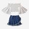 Girl's Off Shoulder Trumpet Sleeves T-shirt+Tassels Denim Skirt Casual Set For 2-8Y - As Picture