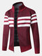 Mens Knitted Stripe Zip Front Stand Collar Casual Warm Cardigans - Red
