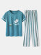 Plus Size Women Cute Cartoon Animal Print Cotton Short Sleeve Pajama Sets - Blue1