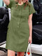 Women Solid Lapel Button Front Short Sleeve Cargo Dress - Green