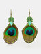 Alloy Bohemian Peacock Feather Diamond-shaped Earrings - Green
