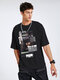 Men 100% Cotton View Of City And Letter Printed T-shirt - Black