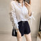 V-neck Solid color Loose casual Chiffon  shirt - White