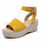 Large Size Women Casual Straw Peep Toe Ankle Belt Buckle Platform Espadrilles Sandals - Yellow