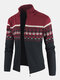 Mens Tribal Print Knitted Zipper Up Thick Rib Hem Casual Sweater Cardigan - Red
