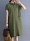 Solid Button Pocket Lapel Casual Midi Dress - Army Green