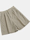 Pantalones cortos casuales de algodón con botones en la cintura elástica con bolsillo fruncido sólido - Beige