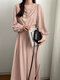 Solid Tie Back Pleated Crew Neck Long Sleeve Casual Dress - Pink