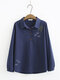 Embroidery Long Sleeve Turn Down Collar Shirt For Women - Navy