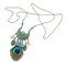 Ethnic Semicircular Crescent Turquoise Shell Pendant Necklace Peacock Feather Tassel Sweater Chain - Green