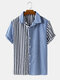 Men Cotton Striped Patchwork Beach Casual Lapel Shirt - Blue