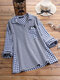 Cute Cat Contrast Plaid Long Sleeve Plus Size Shirt - Blue