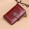 Trifold Women Oil Wax Genuine Leather 12 Card Slot Short Wallet Vintage Coin Purse - Wine Red