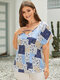 Plus Size Deep V Neck Tribal Cut Out Short Sleeves Blouse - Blue