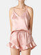Women Loungewear Short Set Smooth Flounce Spaghetti Straps V-Neck Soft Pajamas - Pink
