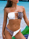 Women Leopard Print Patchwork Plain String Backless Hawaii Bikini - White