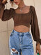 Solid Tie Back Square Collar Long Sleeve Crop Top - Brown