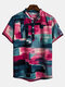 Mens Colorblock Printed Casual Short Sleeve Henley Shirt - Red