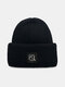 Unisex Knitted Solid Color Cartoon Dinosaur Pattern Patch All-match Warmth Brimless Beanie Hat - Black