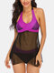 Plus Size Women Mesh See Through Polka Dot Print Wireless Halter Swimdress Swimwear - Purple