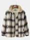 Mens Plaid Thicken Sherpa Lined Lapel Cotton Vintage Overcoats With Pocket - Black