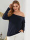 Plus Size Solid One Shoulder Long Sleeves T-shirt - Navy