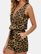 Leopard Printed V-neck Front Zipper Sleeveless Rompers - Coffee