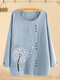 Flower Printed Long Sleeve O-neck Button Blouse For Women - Sky Blue