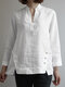 Women Solid Stand Collar Button Design Hem Cotton Blouse - White