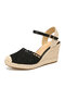 Women Casual Breathable Lace Closed Toe Buckle Comfy Espadrille Wedges - Black