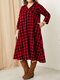 Plus Size Plaid Print Hooded Pocket Casual Cardigan - Red