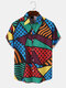 Mens Color Block Polkadot Print Button Up Short Sleeve Shirts - Multi Color